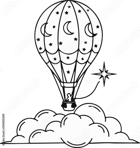 A stylized hot air balloon with celestial motifs ascends above puffy clouds