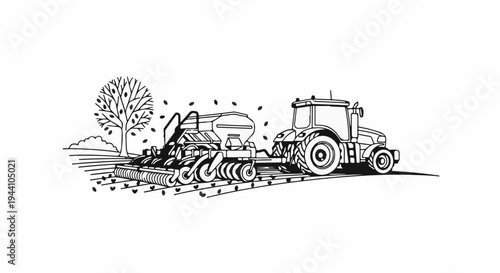 A tractor pulls a seeder across a field, with a tree and seeds in the air