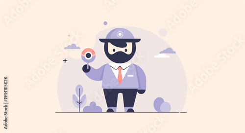 A cartoon character in a suit holds a magnifying glass, standing outdoors