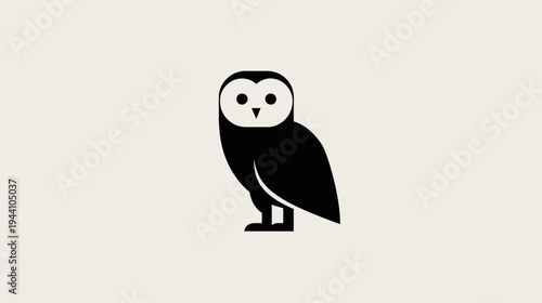 Minimalist stylized black and white owl illustration standing. Modern vector graphic design of a nocturnal bird icon.
