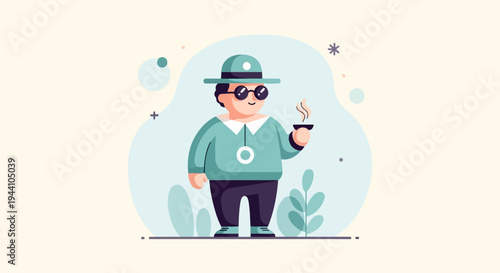 A cartoon character in a hat and sunglasses holds a steaming cup