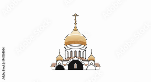 A traditional church with a golden dome and cross, a common religious structure