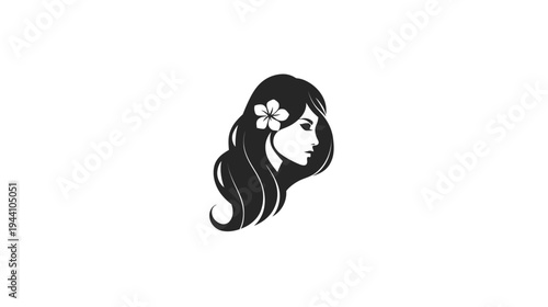 Elegant black and white profile illustration of a woman with long flowing hair and a delicate flower, embodying beauty and serenity.