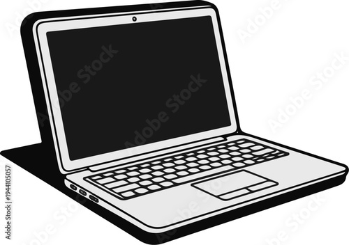 A stylized illustration of a modern laptop computer with a black screen