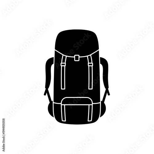 Hiking backpack icon logo design. Trekking bag sign and symbol. Rucksack icon. Outdoor travel gear for camping and mountain climbing.