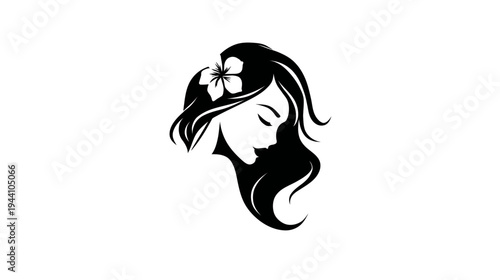 Beautiful woman profile silhouette with elegant flowing hair and tropical flower. Ideal for beauty salon, spa, or wellness logo design.