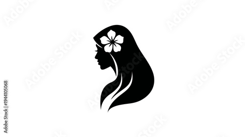Black and white silhouette of a beautiful woman in profile with long flowing hair and a tropical flower