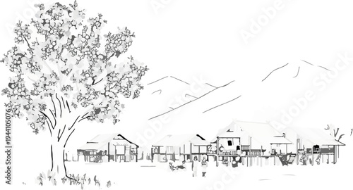 A tree with blossoms stands by a village with simple houses