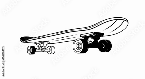 A stylized black and white illustration of a skateboard with its wheels and trucks