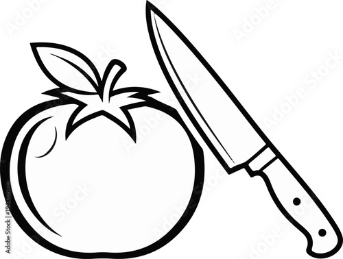 A stylized line drawing of a plump tomato next to a chef's knife