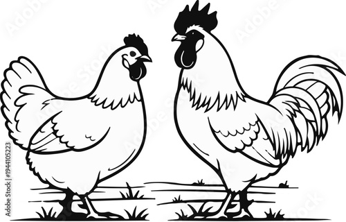 A stylized black and white illustration of a rooster and hen in profile