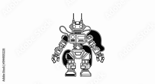A stylized, black and white illustration of a retro robot with a cape