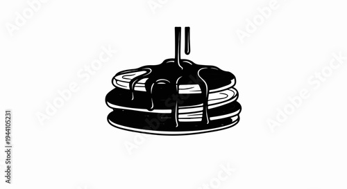 A stylized black and white illustration of a stack of pancakes with syrup pouring over them
