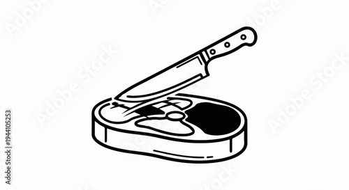 A stylized black and white illustration of a steak being cut by a knife