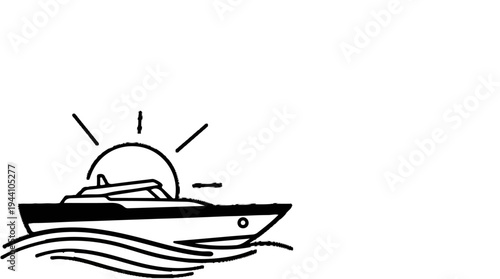 A stylized black and white illustration of a yacht sailing at sunset