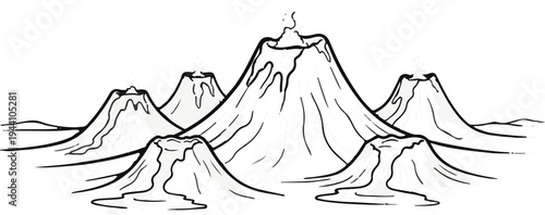 A stylized monochrome illustration of several active volcanoes erupting