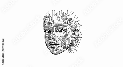 A stylized portrait of a child's face rendered as a circuit board