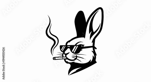 A stylized rabbit head wearing sunglasses and smoking a cigarette
