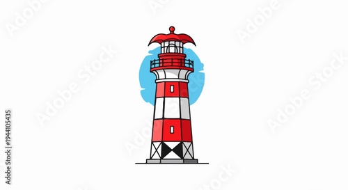 A stylized red and white striped lighthouse stands against a blue circular backdrop
