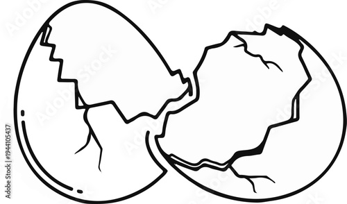 A stylized black and white outline of a broken egg with jagged cracks across its surface