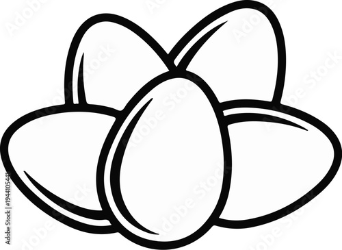 A stylized black and white outline drawing of five eggs arranged in a cluster
