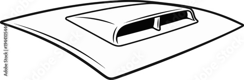 A stylized black and white outline of a car hood scoop