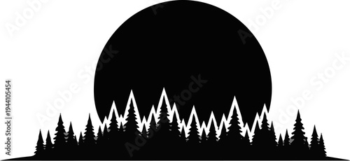 A stylized silhouette of a forest scene with a large full moon