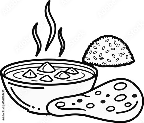 A steaming bowl of stew with rice and flatbread