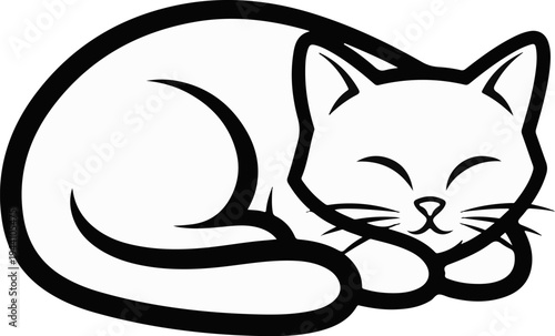 A stylized black and white outline of a sleeping cat curled up comfortably