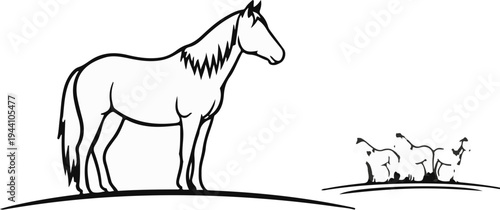 A stylized, single-line drawing of a horse standing alone, with a herd in the distance