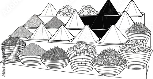 A variety of spices and herbs displayed in tiered containers