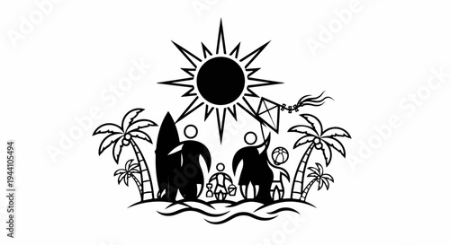 A stylized black and white scene depicts a sunny beach with a family, palm trees, and a kite