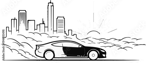 A stylized sketch of a sleek car drives past a city skyline at sunrise