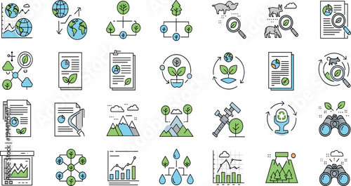 Environmental Research and Sustainability Icons Vector Set Featuring Climate Analysis, Green Energy, Ecology Monitoring, Global Environment and Nature Conservation Symbols.