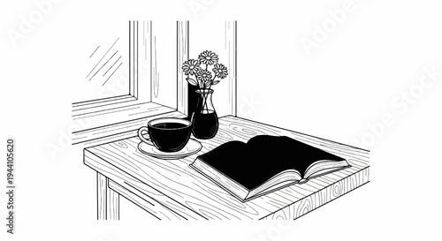 A still life illustration depicts a cup of coffee, a vase of daisies, and an open book on a wooden table near a window
