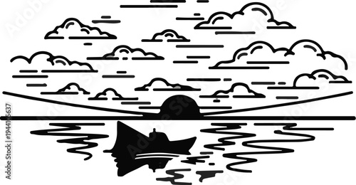 A stylized sunset with a boat on the water and clouds