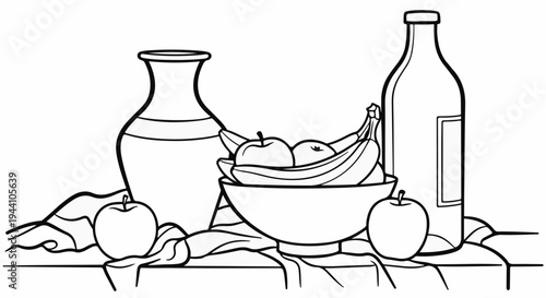 A still life drawing of a vase, fruit bowl, bottle, and apples on fabric