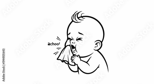 A stylized cartoon baby sneezes into a handkerchief with sound effects