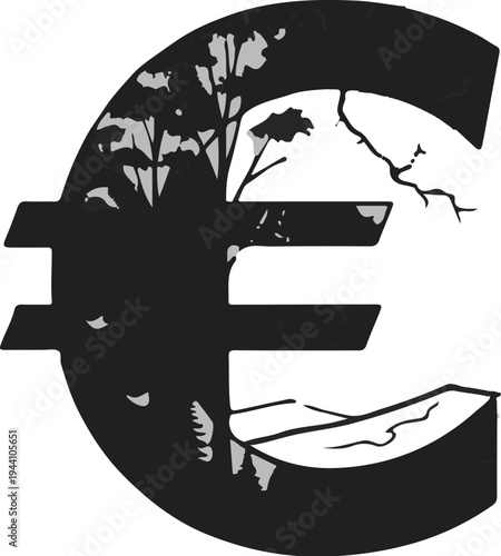 A stylized symbol of currency interwoven with natural elements like trees and cracked earth