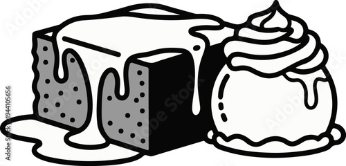 A stylized depiction of a decadent chocolate brownie with dripping icing and a scoop of ice cream