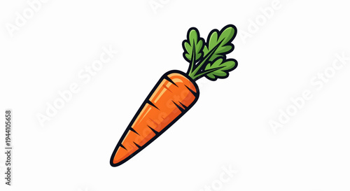 A vibrant, cartoon-style carrot with leafy green tops on a white background