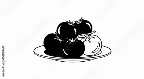 A still life illustration of ripe tomatoes on a plate, some are black, one is white