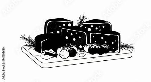 A still life of cheese blocks, cherry tomatoes, and rosemary sprigs on a wooden board