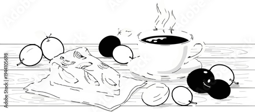 A slice of fruit tart and a steaming cup of coffee sit on a wooden table