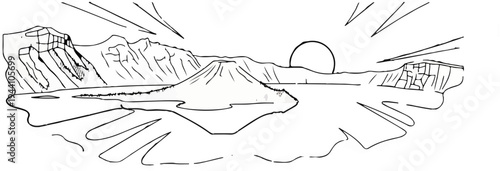 A stylized drawing depicts a volcanic caldera lake surrounded by rugged cliffs under a radiant sun