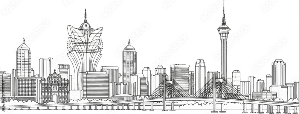 Fototapeta premium A striking black and white sketch of a city skyline featuring iconic structures and bridges
