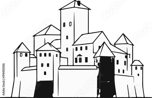 A striking black and white illustration of a large, complex castle with multiple towers