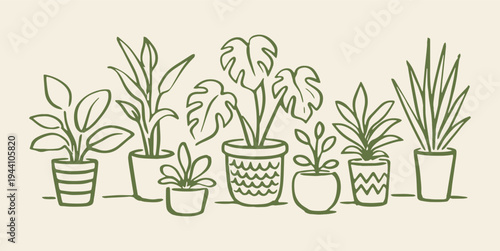 Potted house plants naive hand drawn vector illustration