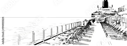 A stylized drawing of a ship's deck with lounge chairs overlooking the sea