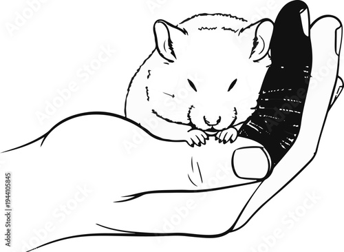 A small rodent rests its paws on a cupped hand, drawn in black and white